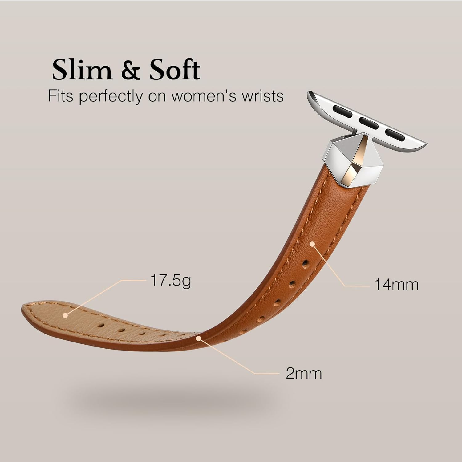 WFEAGL Leather Band Compatible with Apple Watch Bands Women 49mm 46mm 45mm 44mm 42mm(Series 3 2 1),Dressy Slim Grain Genuine Leather band for iWatch Ultra SE Series 10/9/8/7/6/5/4-Brown/Silver&Gold
