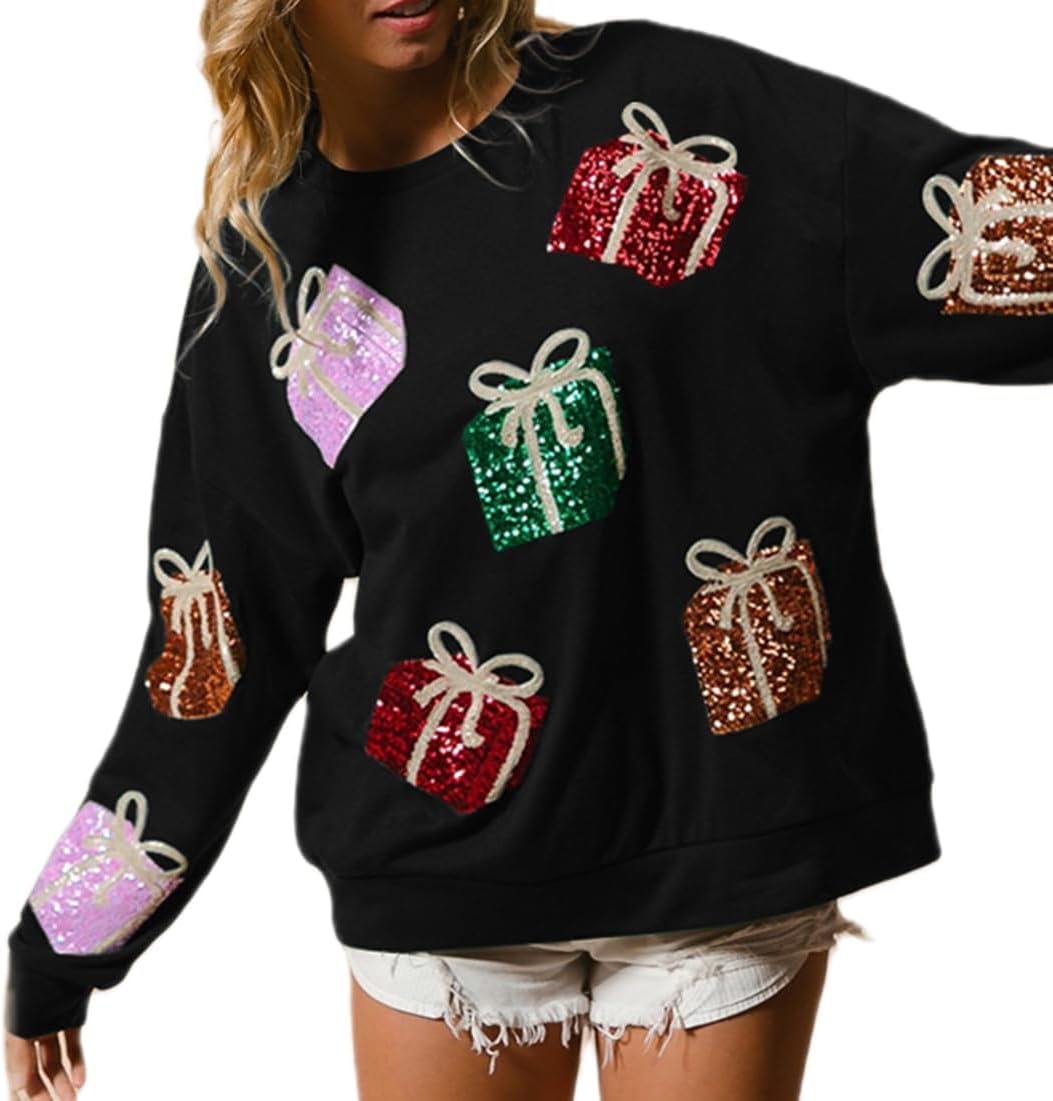 UAURORAO Women Glitter Christmas Sweatshirts Oversized Sequin Funny Shirts Long Sleeve Sparkly Xmas Present Pullover Top