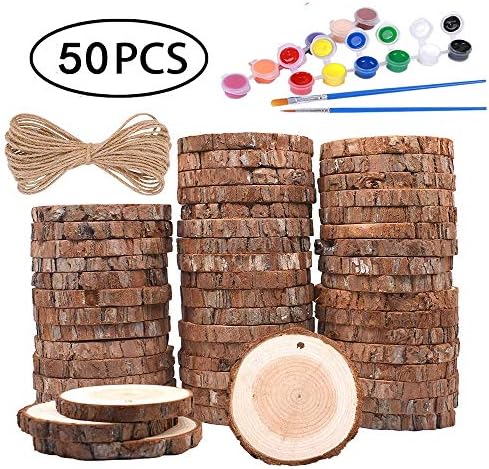 Natural Wood Slices 2.4-2.8 inches 50 PCS Drilled Hole Unfinished Log Wooden Circles for DIY Crafts Wedding Decorations Christmas Ornaments