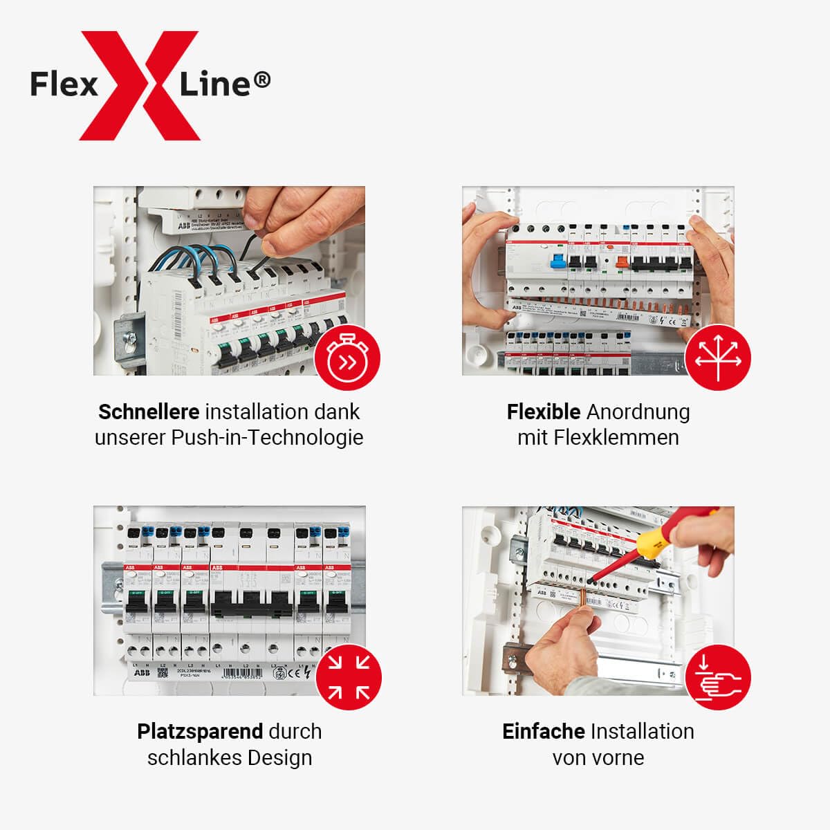 ABB FlexLine Set: 5x SX201-B16 Leitungsschutzschalter B + 1x SX203-B16 Leitungsschutzschalter B + 1x FX204 A-40A/0.03 FI-Schutzschalter + 1x PSX3/24N Phasenschiene