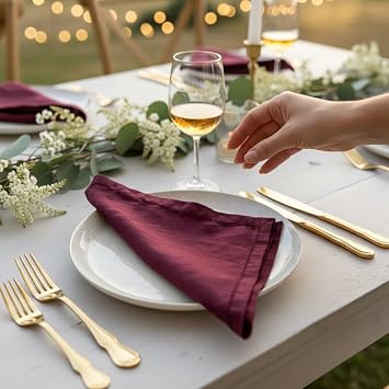 Hemstitched Linen Napkins 20 Inch x 20 Inch Stonewashed Pure Linen Cloth Dinner Napkins with Mitered Corners - 100% French Flax Machine Washable - Set of 4 (Burgundy)