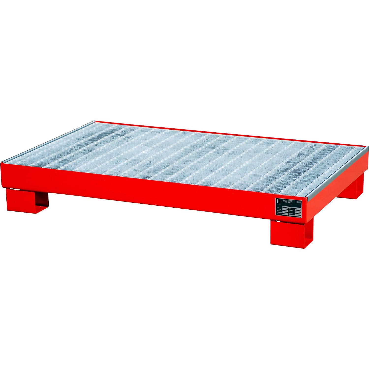 eurokraft | Stahl-Auffangwanne | LxBxH 800 x 1300 x 205 mm | lackiert rot RAL 3000 | mit Gitterrost