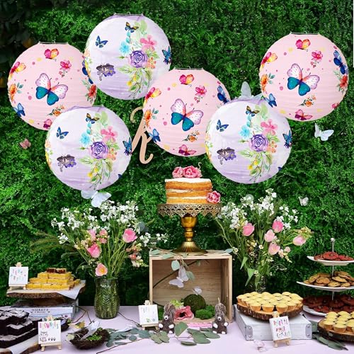 Image of Butterfly Paper Lanterns Butterfly Hanging Decorations Round Pink Paper Lanterns Ceiling Decorations for Birthday Baby Shower Theme Party Supplies Room Decor