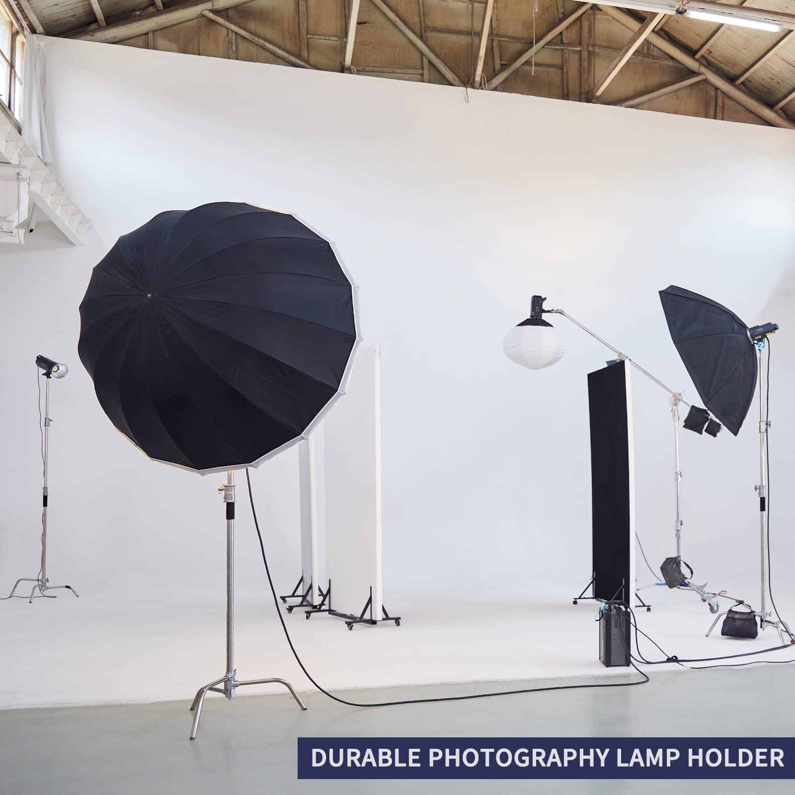 Soporte C de acero inoxidable con brazo de brazo de brazo de altura máxima de 330 cm, soporte de luz de fotografía resistente con brazo de sujeción de 128 cm, bolsa de arena para cajas de luz