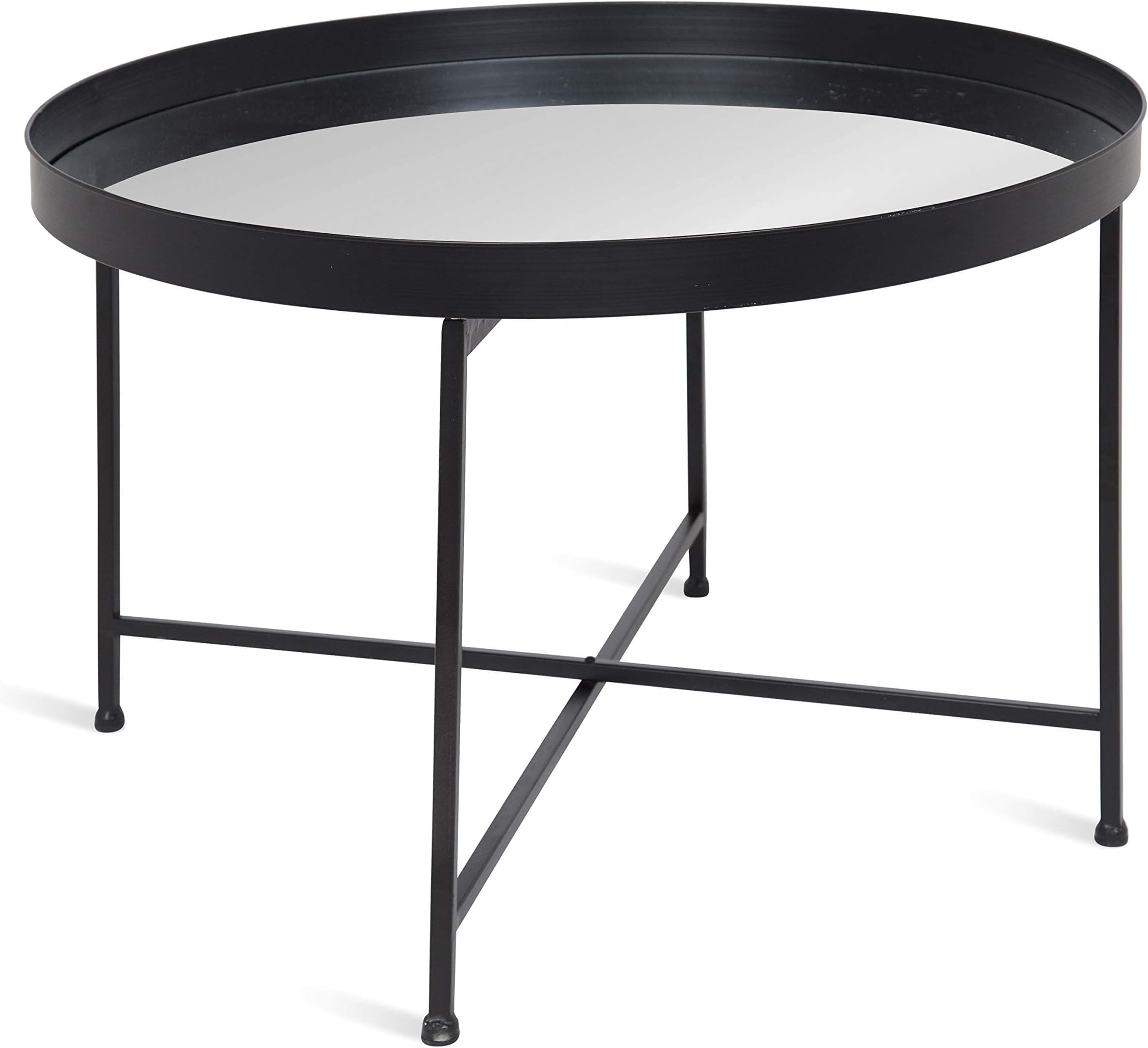 Kate and Laurel Celia Round Metal Foldable Coffee Table with Mirrored Tray Top, Black