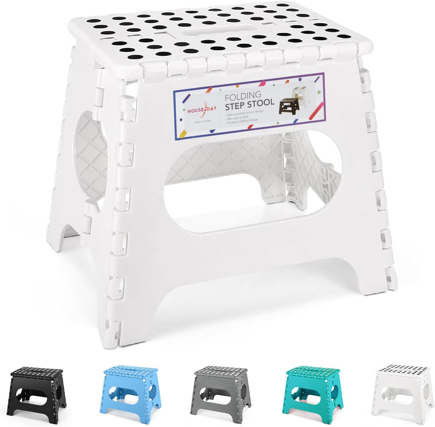 HOUSE DAY 11 Inch Folding Step Stool for Kids- Heavy Duty Plastic Step Stool for Adult Foldable Stools Sturdy Kitchen Step Skid Resistant Folding Stools for Bedroom/Bathrooom-White