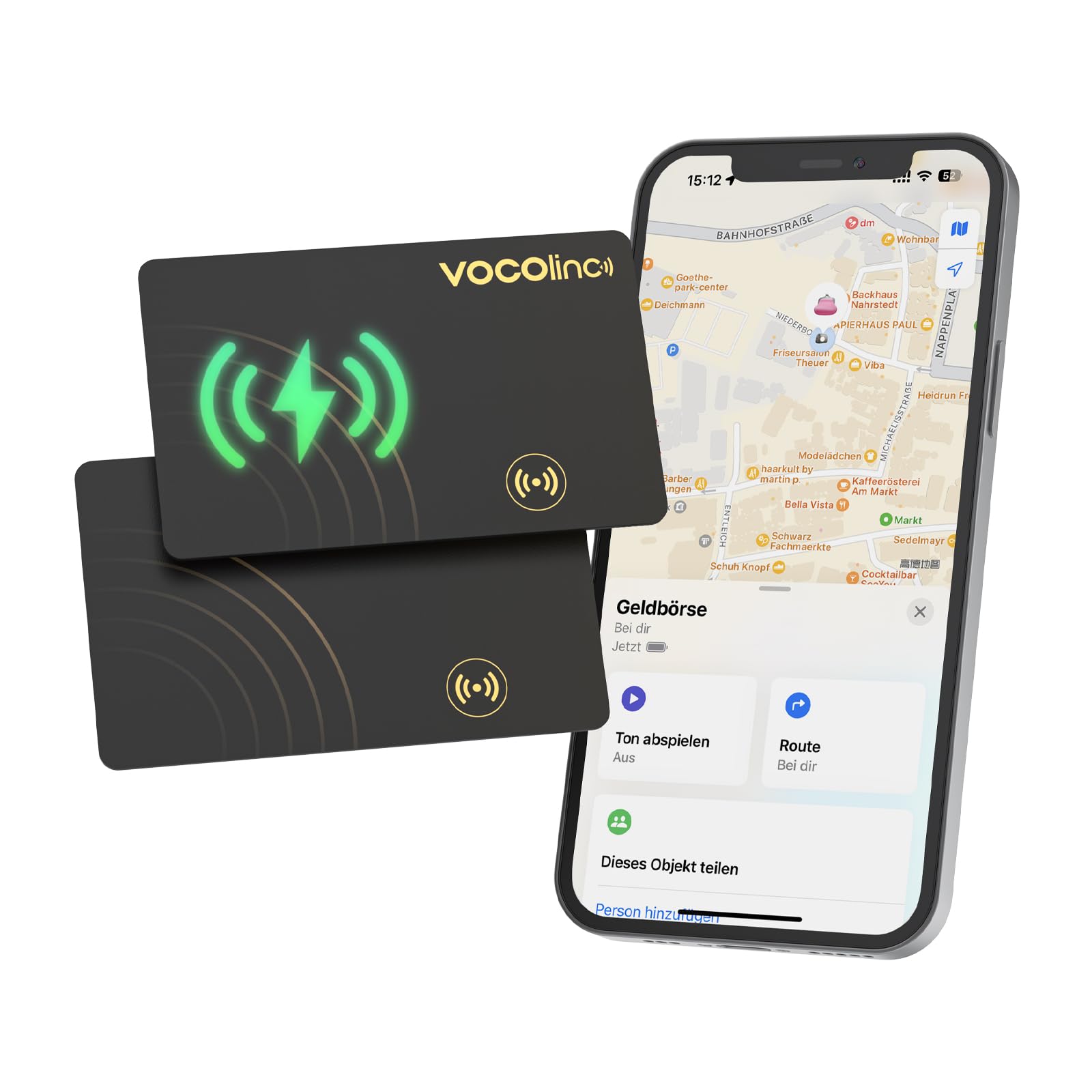 VOCOlinc Wiederaufladbar Wallet Tracker Karte 2 Pack, Ultra Thin 1.6mm Air Tag Card Funktioniert mit Apple Wo ist? APP (Nur iOS), Bluetooth Item Finder für Reisepässe/Koffer/Taschen/Geldbörse