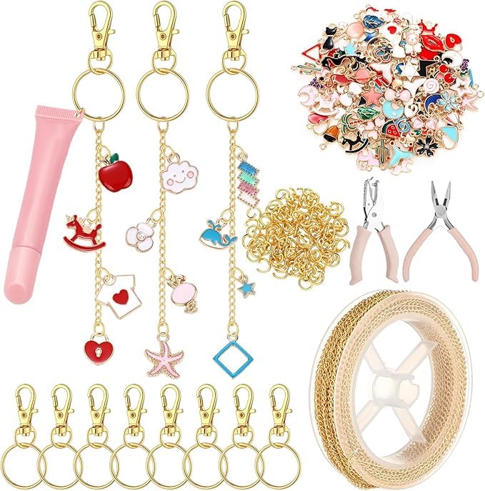 LetCart DIY Lip Gloss Keychain Kit β 213 Pcs Jewelry Making Supplies with 100 Pink Charms & Gold Chains for Custom Keychains & Gifts