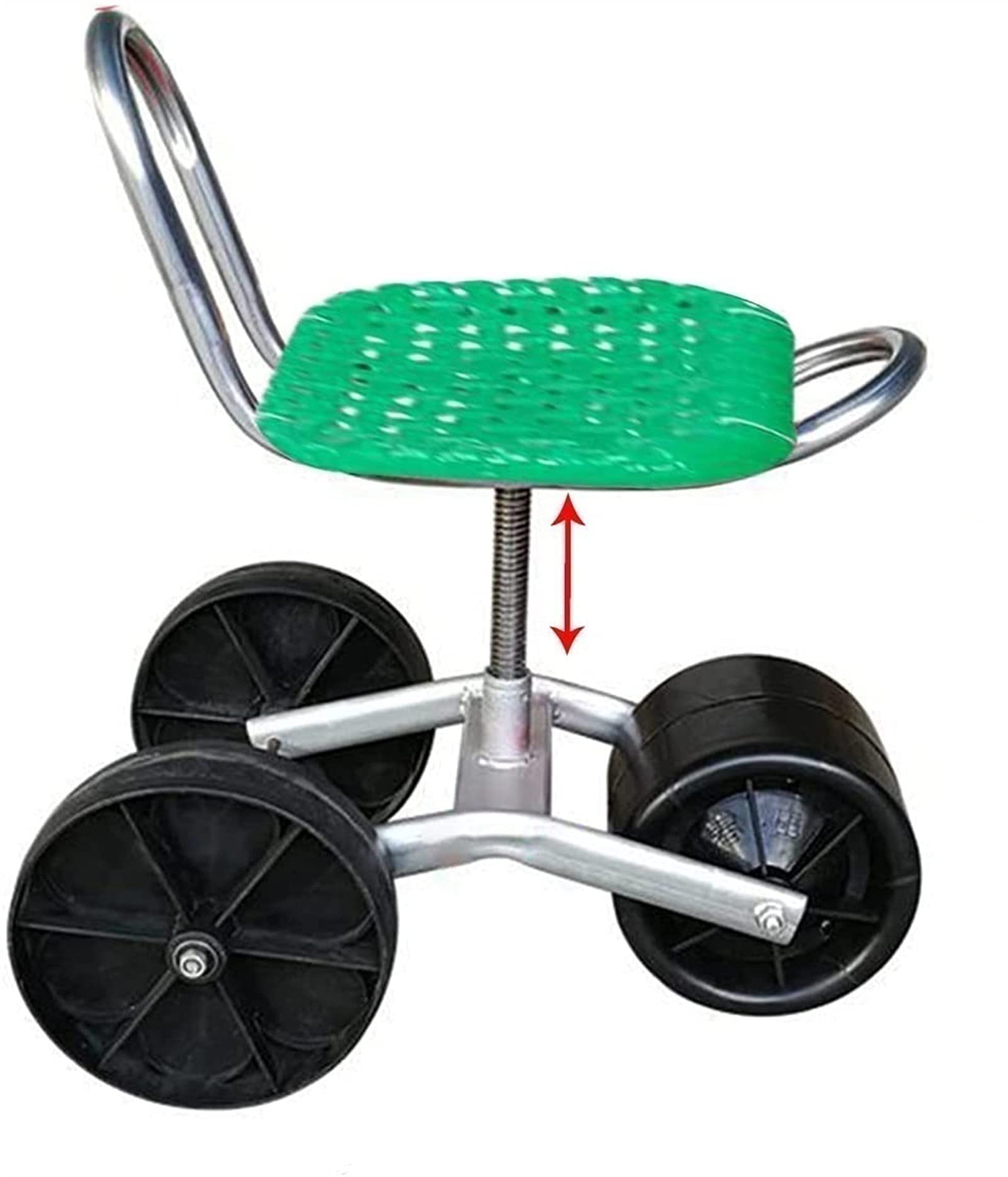 Seggiolino da giardinaggio su ruote con porta attrezzi per piccoli attrezzi da giardino, verde