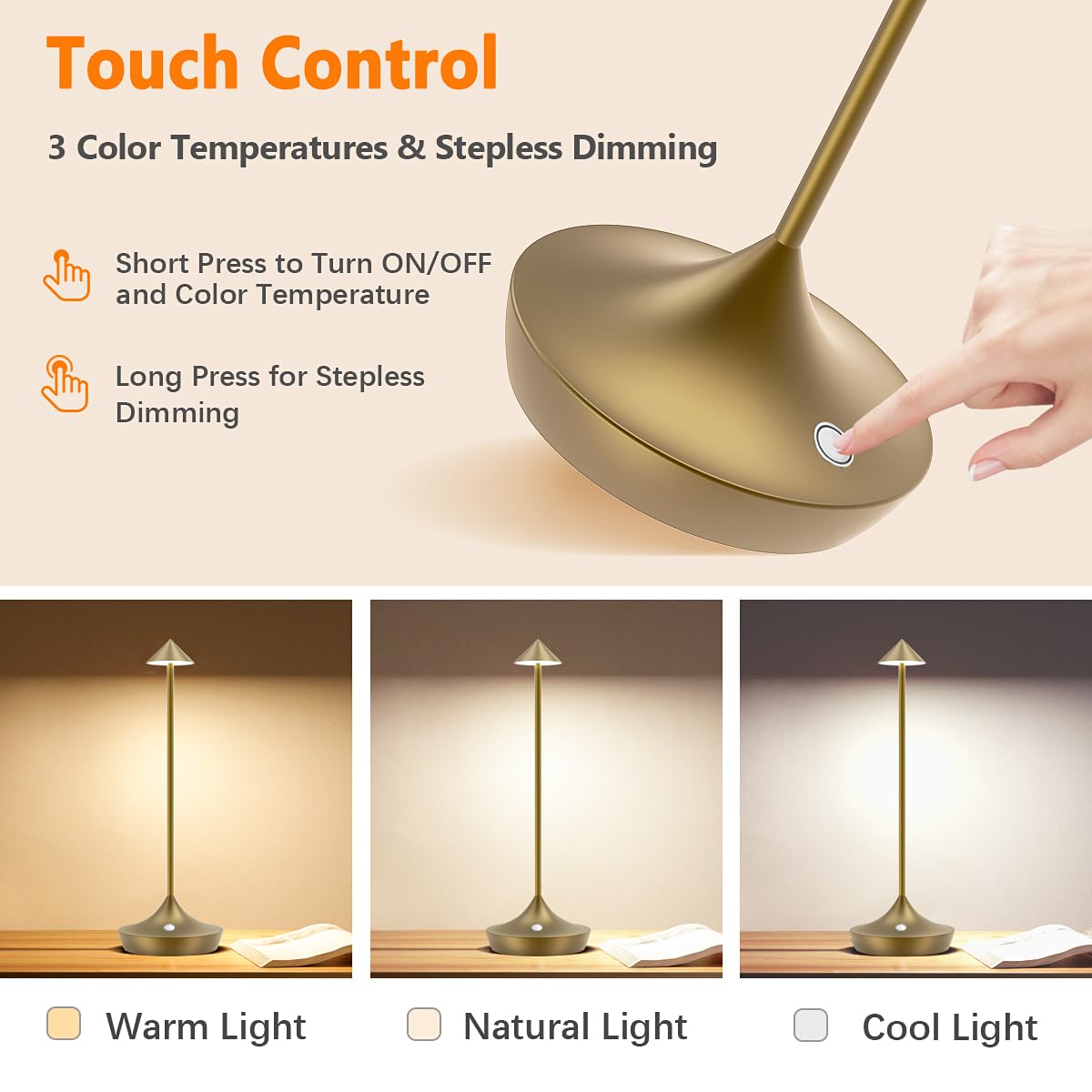 Lampade da Tavolo Ricaricabili LED 2 Pezzi 6000mAh Senza Fili,Ristorante | Lampade da Comodino USB in Alluminio di Moda,Luci Batteria,Dimmerabile,Impermeabile,per Scrivania Esterno(Bronzo)