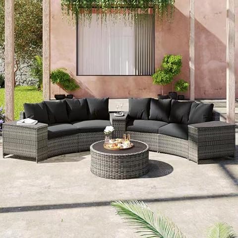8 Pieces Outdoor PE Rattan Patio Sofa Set Half Round Conversation Furniture Set with Two Side Table & Cushioned Beige For Lawn Backyard Poolside【UK in Spot】 Cover
