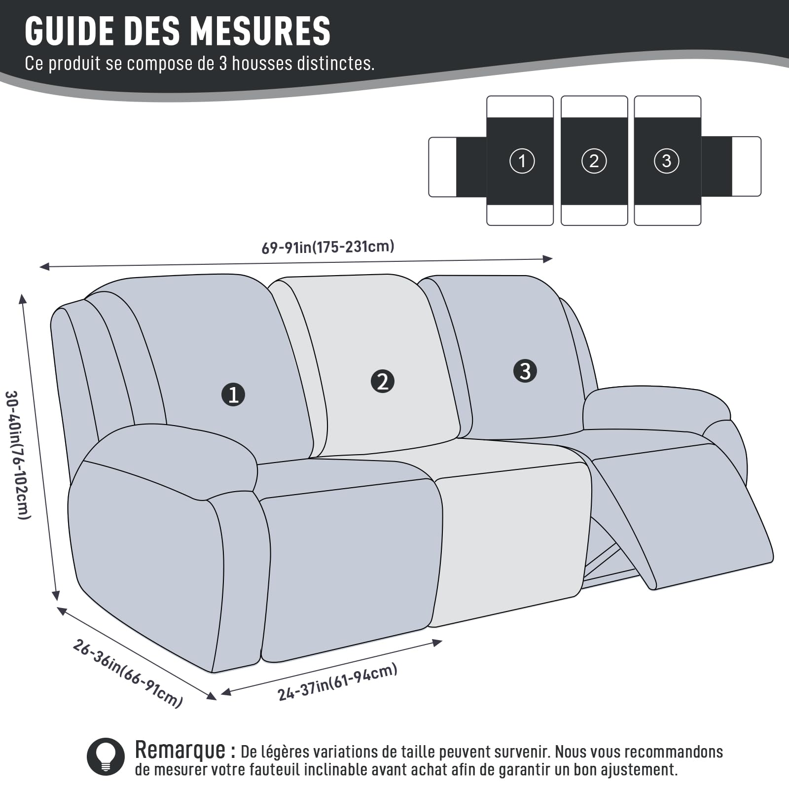 KinCam Housse de Fauteuil Extensible en Jacquard, Housse de Fauteuil Relax avec Poche, Housse Fauteuil Relax pour Chiens et Chats, Douce et Lavable Housse canapé Relax 3 Places Gris foncé