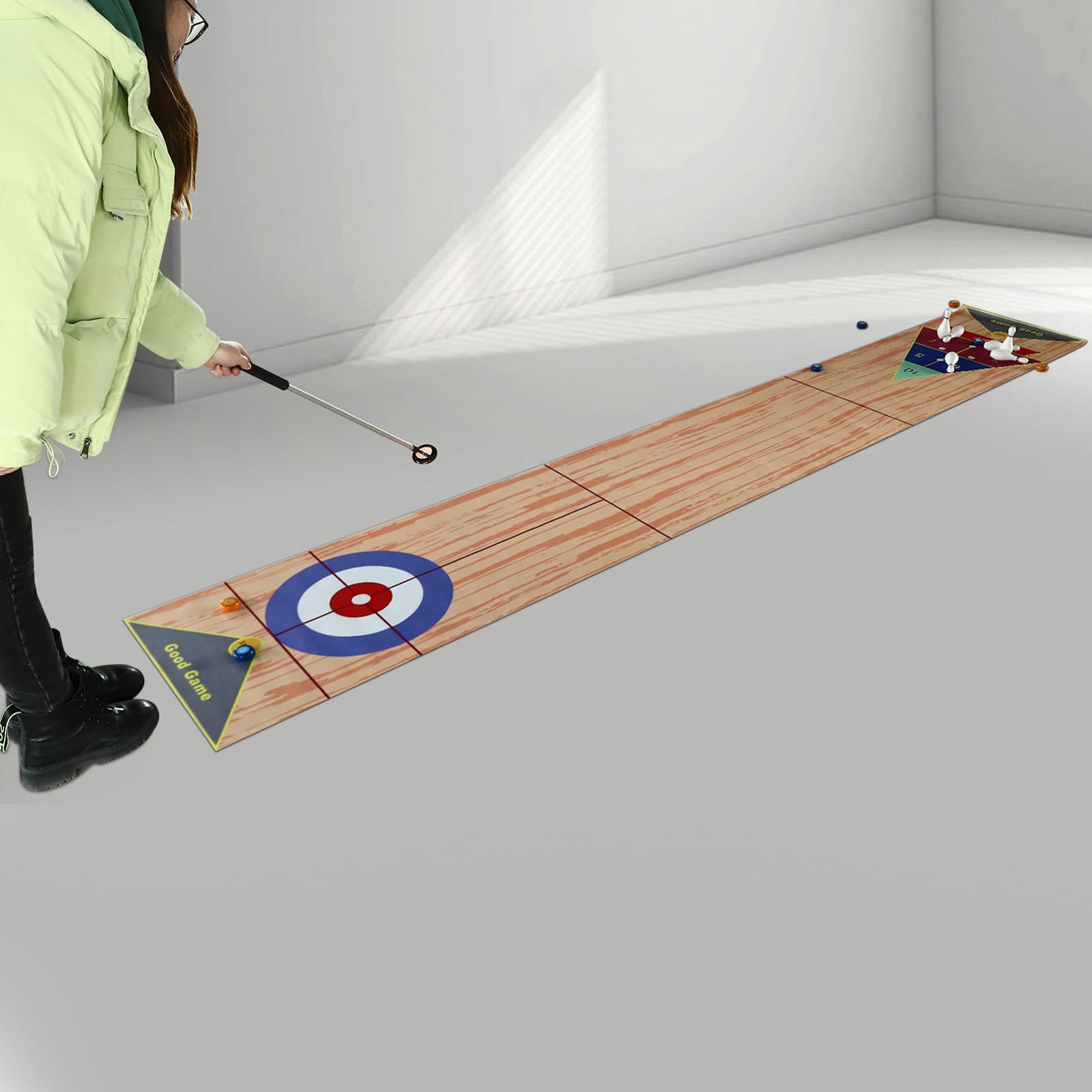 3 en 1 Shuffleboard Bowling, tabla de juegos superiores, juego portátil de curling con 6 bolos y 2 putters, diversión familiar para niños y fiestas