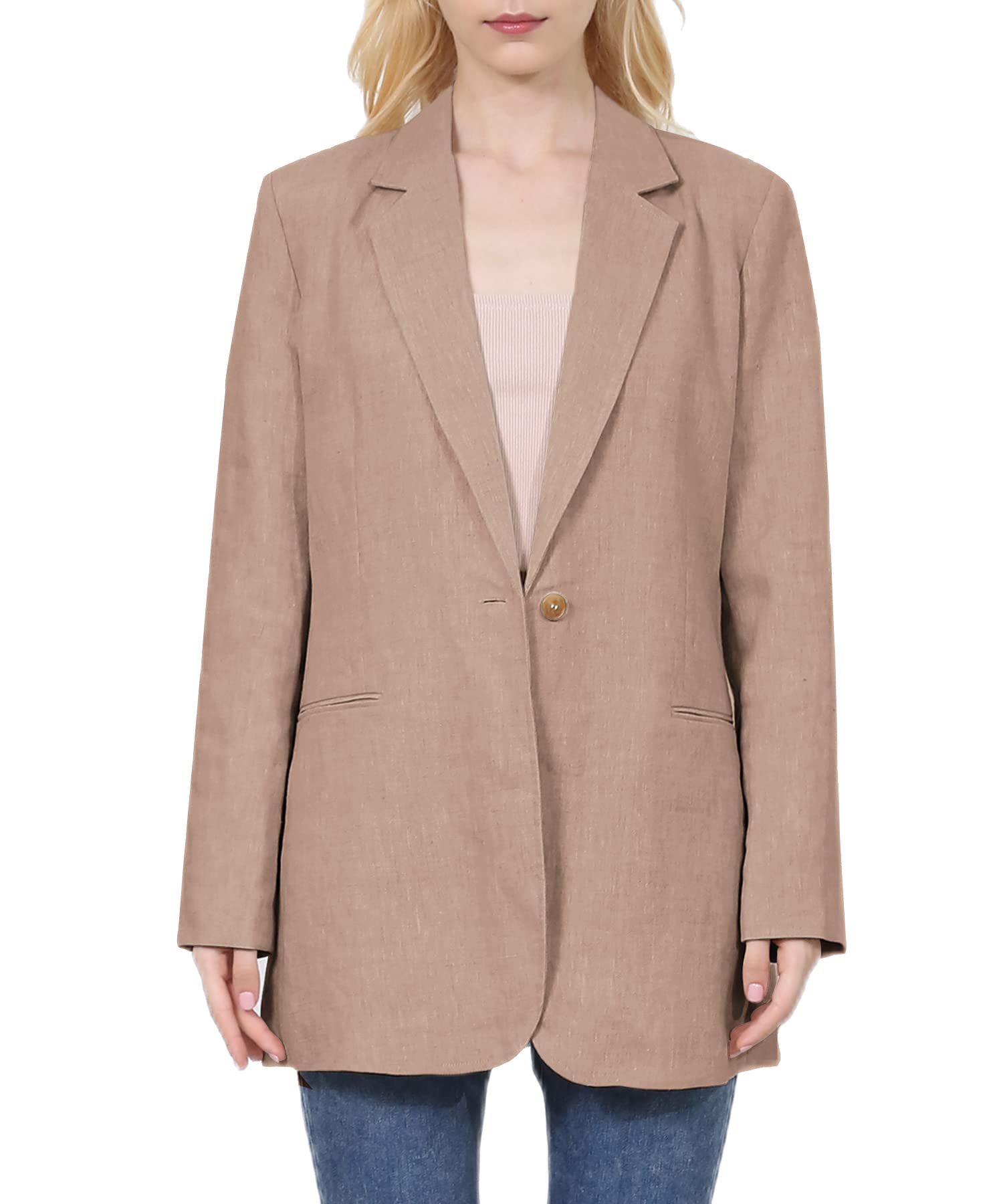 Amazhiyu Womens Linen Blend Notched Buttoned Blazer Jackets Long Sleeve Casual Office Coat