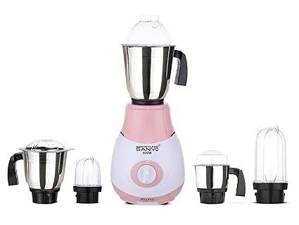 MasterClass Sanyo Riaa 600W Mixer Grinder with 3 Stainless Steel Jars and 2 Bullet Jars (1 Wet Jar, 1 Dry Jar, 1 Chutney Jar and 2 Bullet Jars), Pink-White.Make in India(ISI Certified)