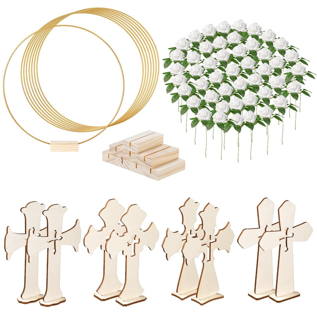 8 aros florales de metal dorado con soportes, 8 cruces de madera de pie, 48 rosas de espuma de tallo y hoja, 64 piezas de decoración de mesa de boda, centros de mesa de fiesta