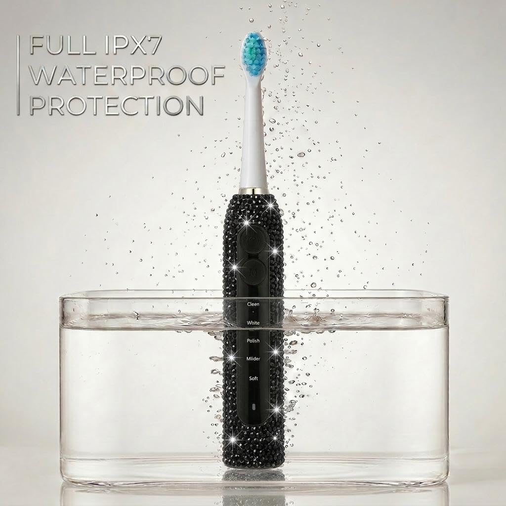 Diamond Sonic Electric Toothbrush Bling Rechargeable Toothbrushes for Adults with 6 Brush Heads Vibrating Toothbrush-5 Modes, USB-C Fast Charge,2Min Smart Timer,IPX7 Waterproof(Black)