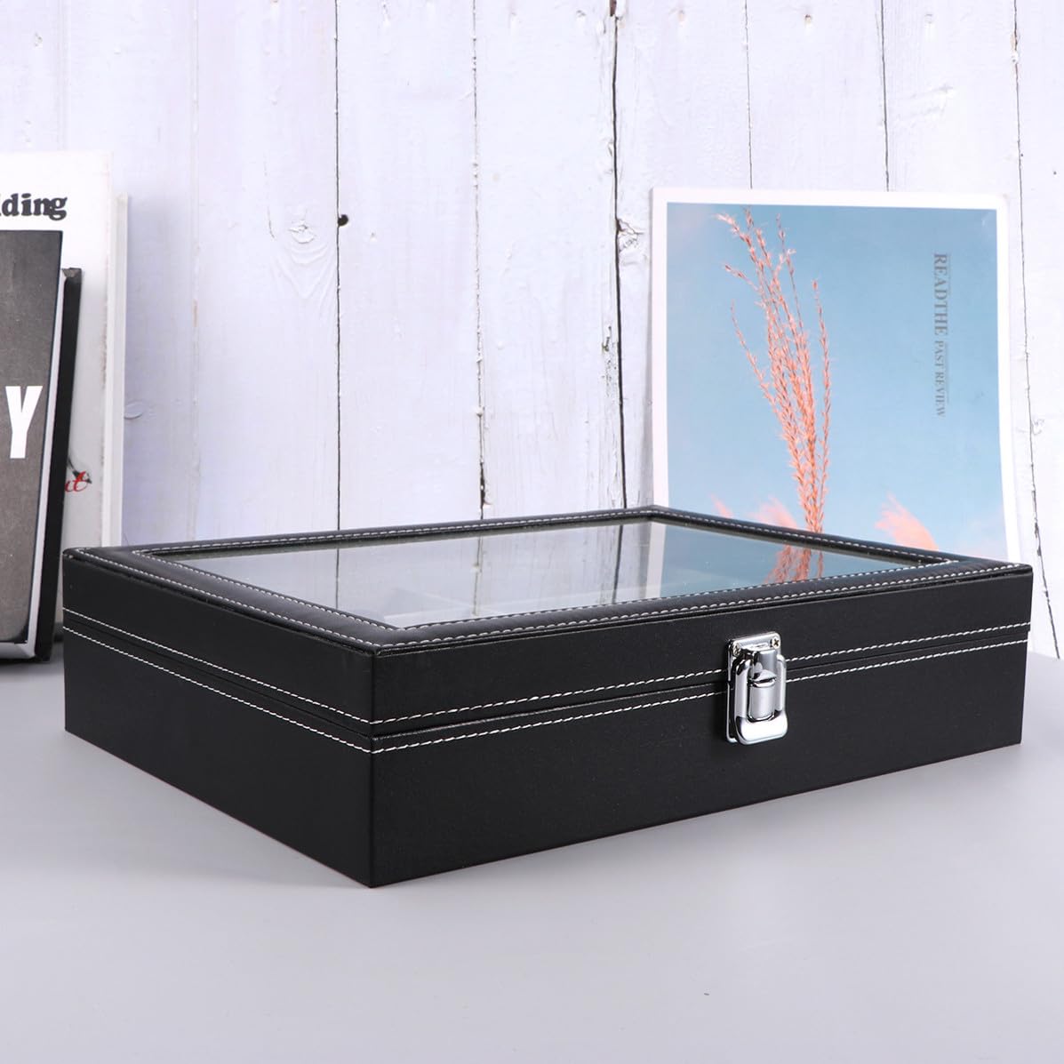 BESPORTBLE Scatola Porta Occhiali da Sole 1 Pz Nero con 8 Scomparti | Pannello in Densità, Pu, Vetro, Flanella e Metallo, Specchio Integrato, per Esposizione e Ordine Domestico