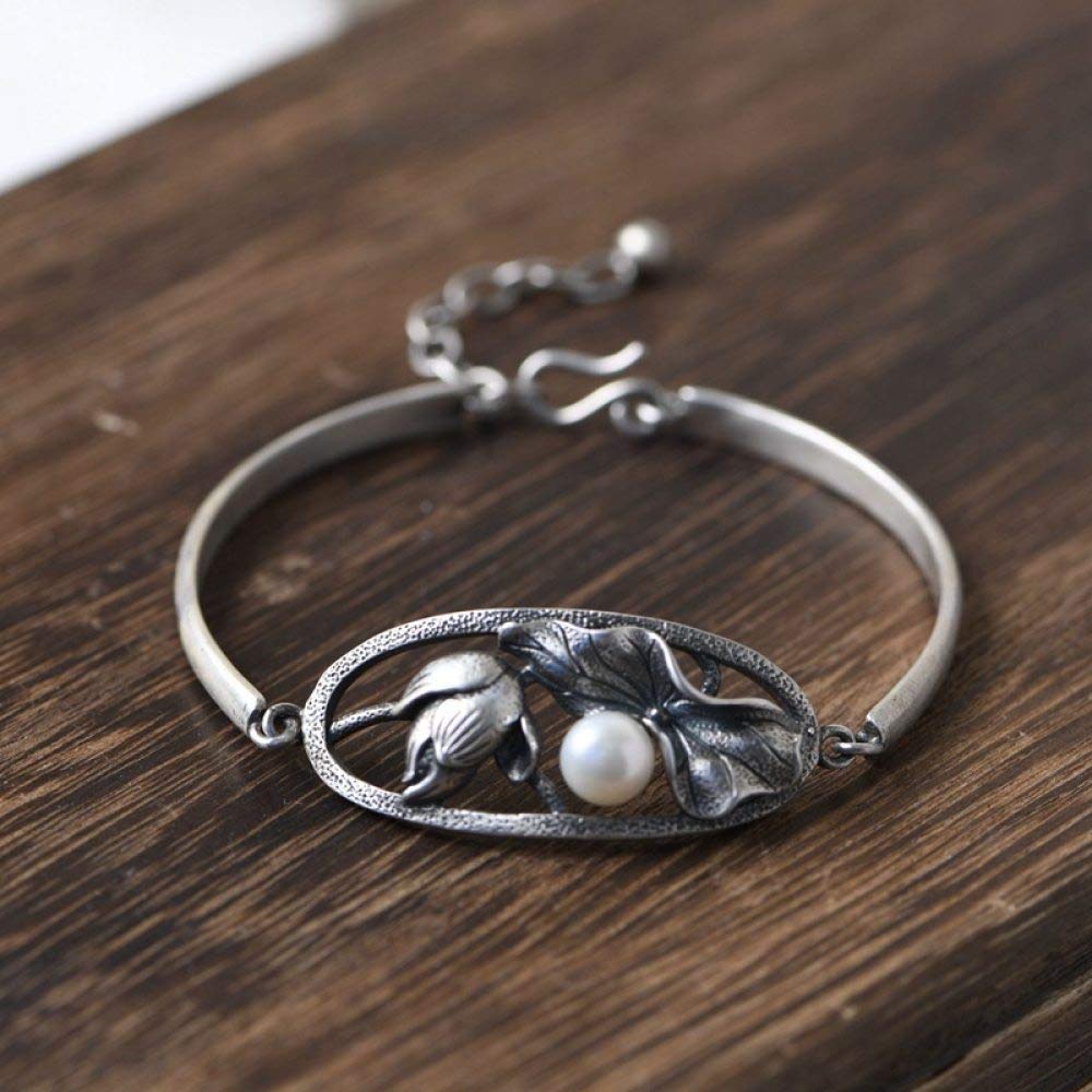 S925 Vintage Pulsera De Plata Hombres Mujeres S Gancho Mano con Incrustaciones De Perla Lotus Moda Simple Y Elegante Personalidad Creativa Popular Hermoso Regalo