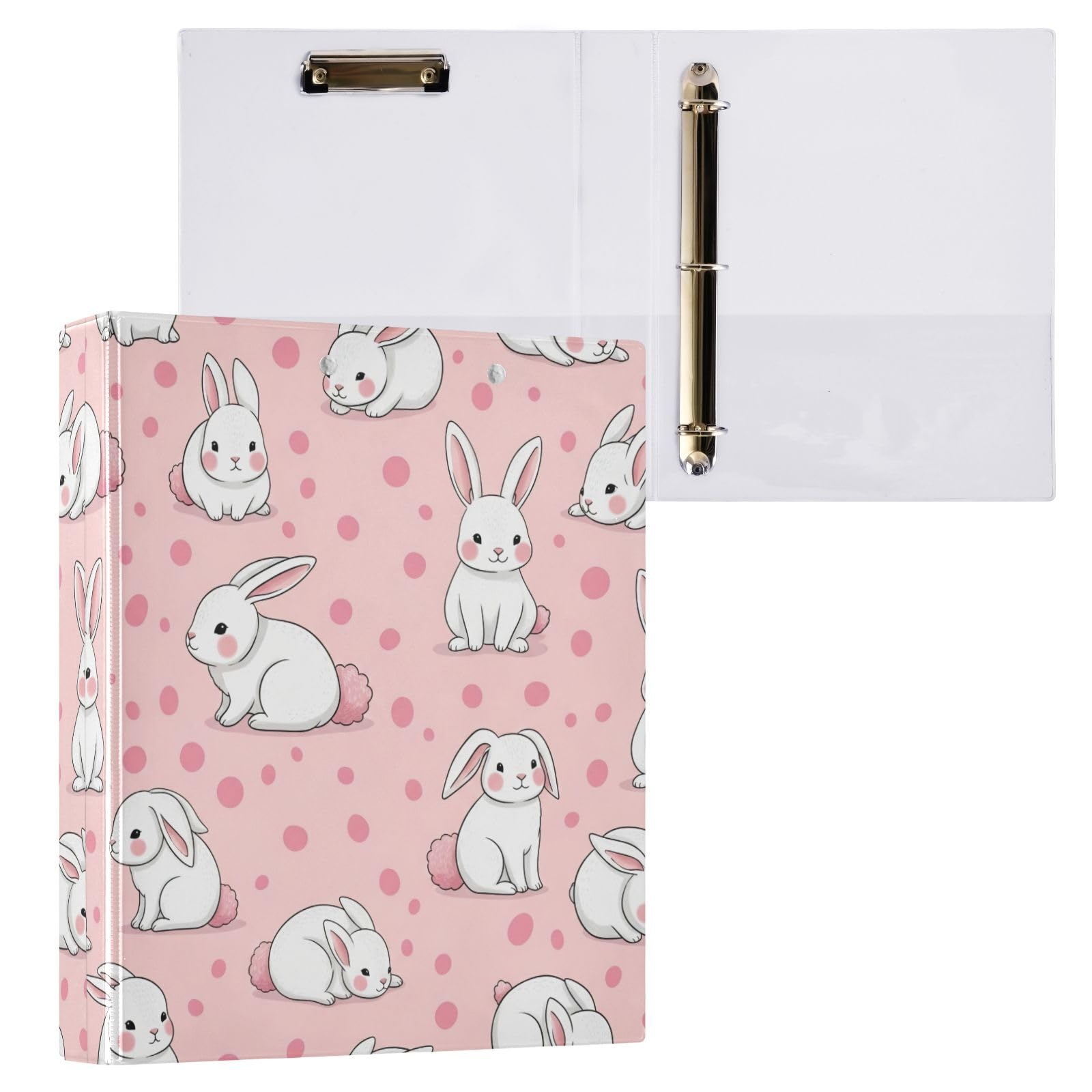 Cute White Bunnies - Carpeta de tres anillos rosa, carpeta de anillos en D, paquete de 2 | Con portapapeles y bolsillos, para escuela, universidad, oficina