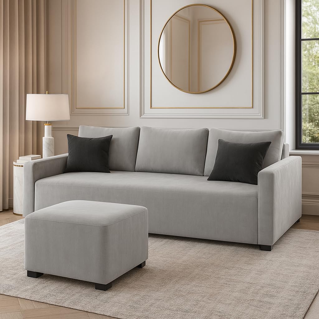 Elris 3 Seater Modular L Shape Sofa Set with Ottoman | Soft Velvet Suede Fabric | Modern Design | Plush Comfort Cushions for Living Room (Light Grey)-image-6