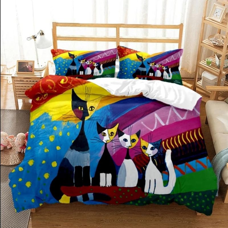 Funda nórdica de gato colorido para cama 90 en microfibra suave de 155x220cm con almohada