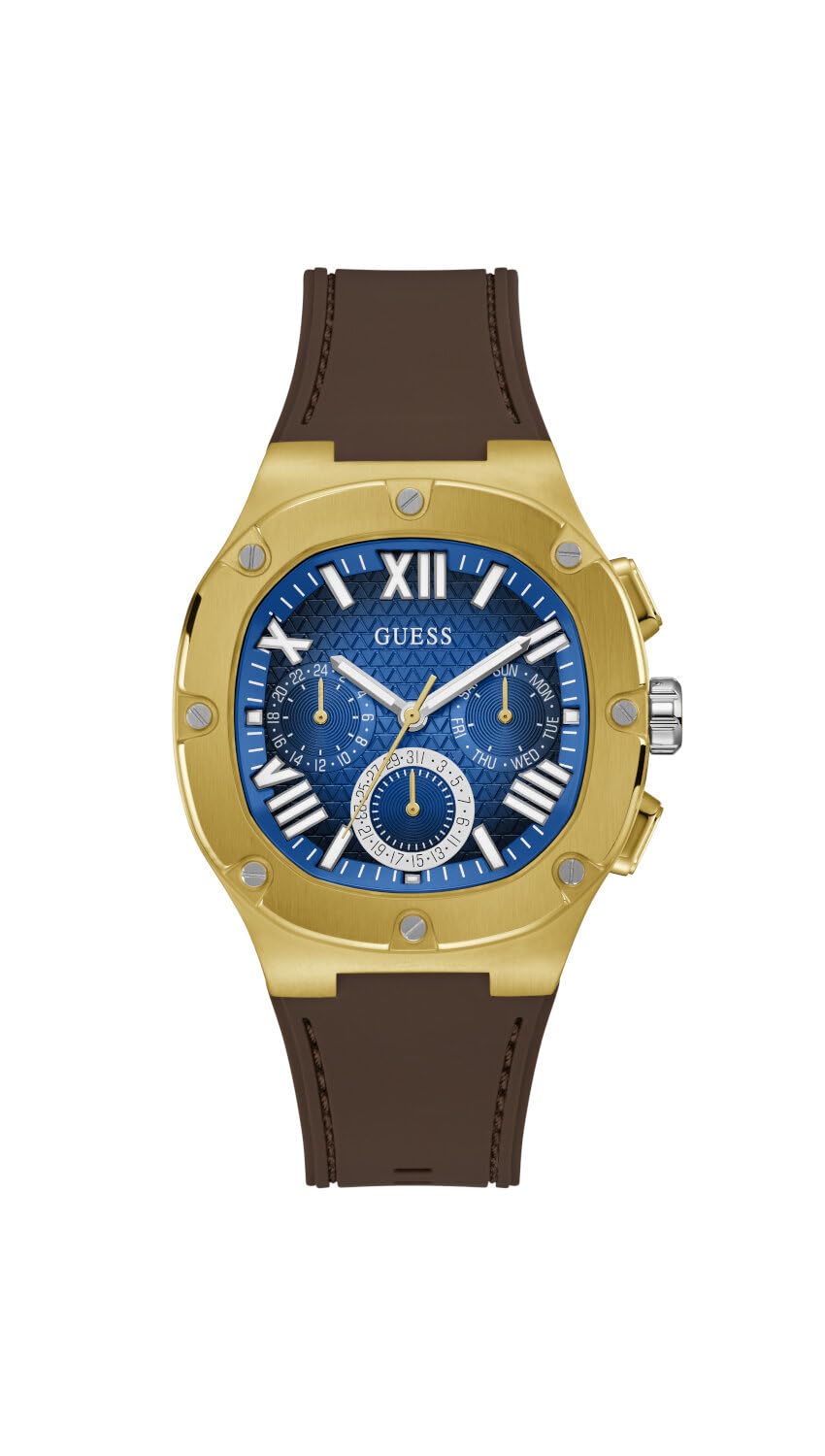 GUESS Silicone Men Blue Analog Square Dial Watch- Gw0571G5, Brown Band