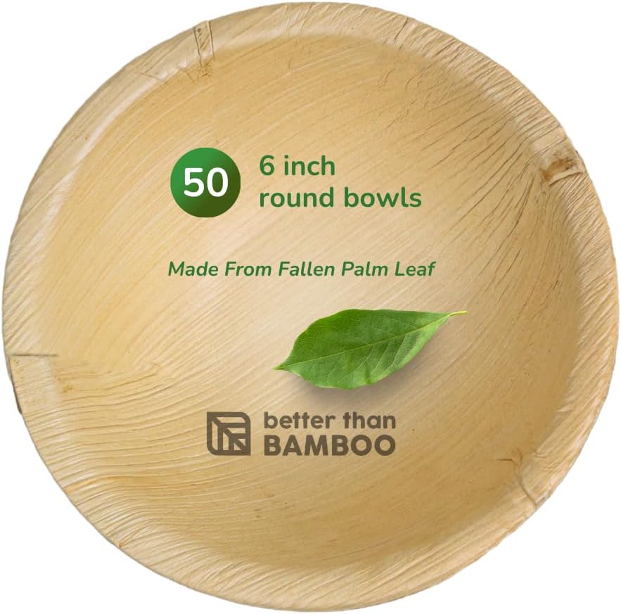 Better than Bamboo50 6" Disposable Round Palm Leaf Bowls. Better than Wood, Paper, or Plastic Bowls. Heavy Duty, Sturdy, 100% Compostable, Sustainable, and Biodegradable. Eco Friendly Party Bowls
