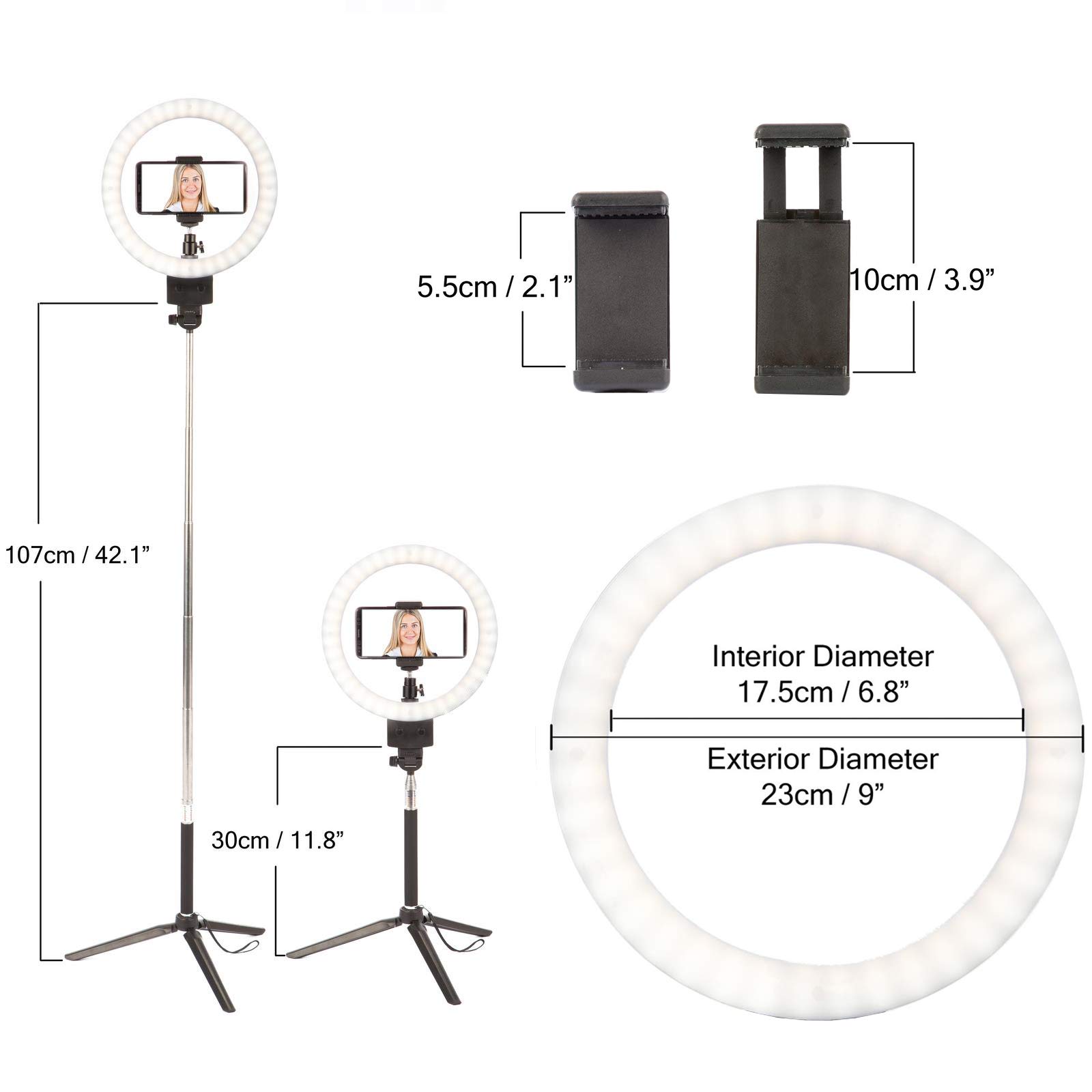 Luce ad anello per selfie con treppiede e supporto per telefono, luce ad anello LED da 9 pollici dimmerabile, 4 modalità di illuminazione e 11 livelli di luminosità per trucco, streaming live