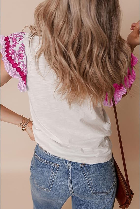 Ruffle Sleeve Tops for Women Bohemian Floral Trim Crewneck Tshirts Casual Loose Patchwork Cap Sleeve Peasant Tops - Image 3