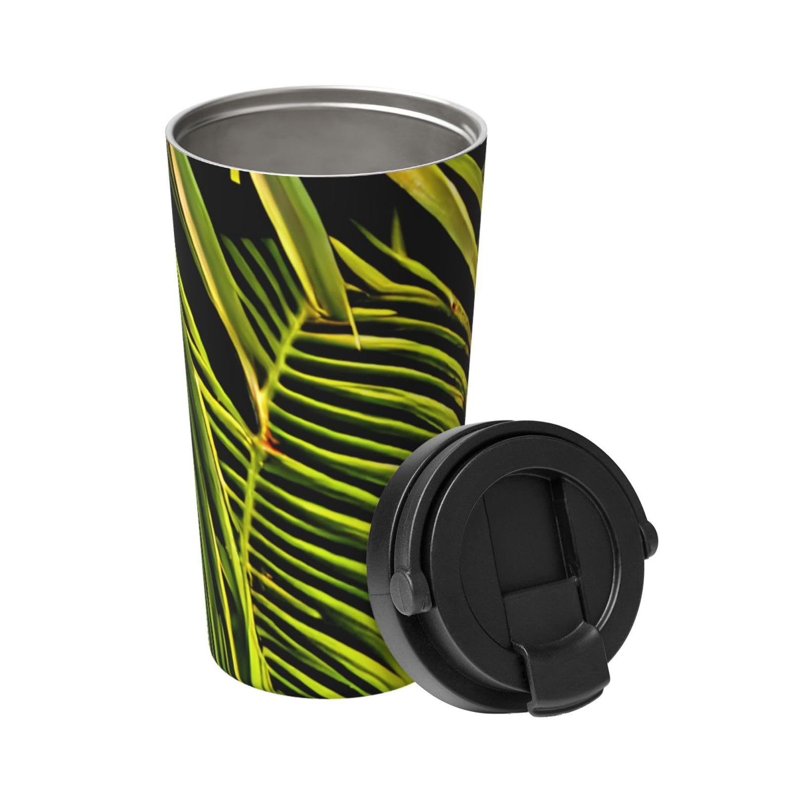 Tasse à café isotherme avec couvercle et poignée en acier inoxydable motif palmiers
