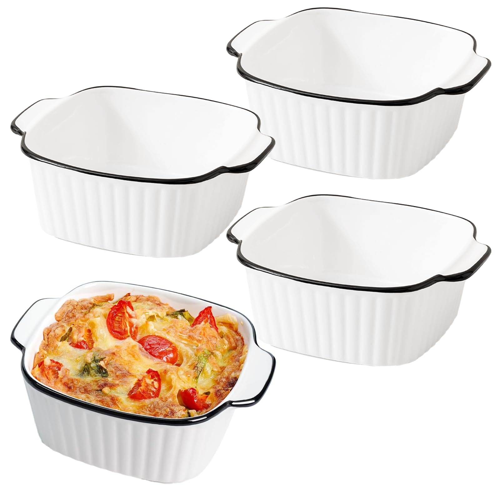 Set of 4 Square Molds with Ceramic Handles 14.5 x 11.5 x 5.5 cm Multifunctional Practical Quadrato Ceramic Oven Trays with Handles for Ovens Oil-Free Fryer Microwave Cakes