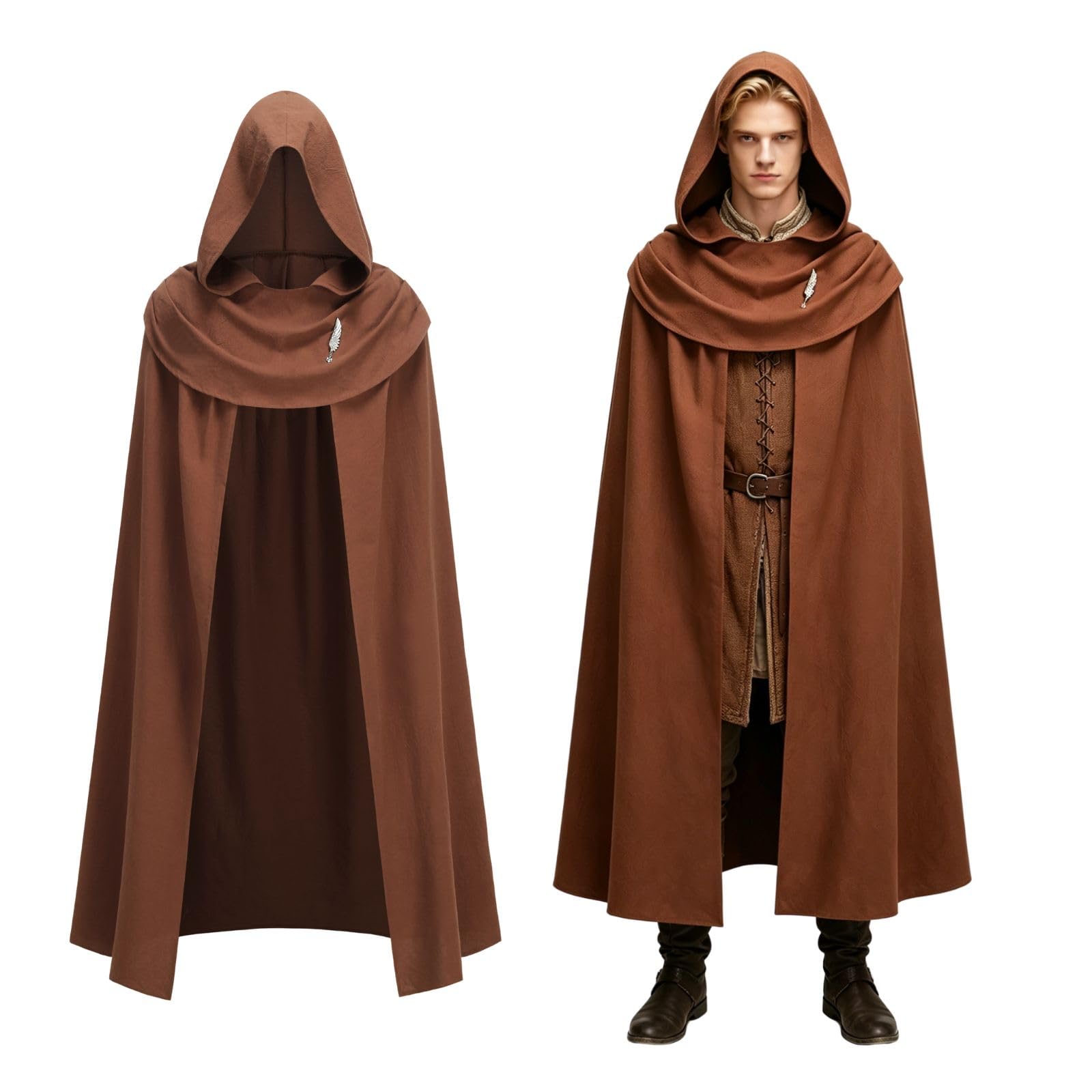 maxToonrain Adult Medieval Cloak with Hood Renaissance Cloak Halloween World Book Day Costumes for Men and Women (Brown,130cm)