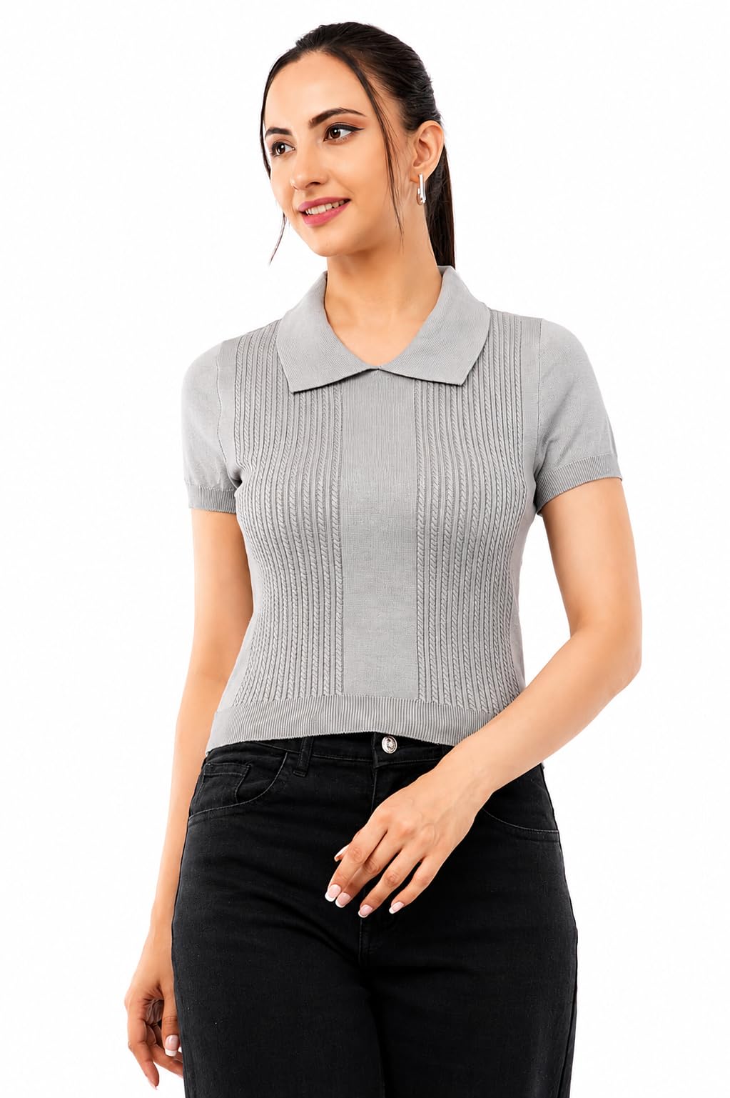 zayn apparel Women's Ribbed Knit Polo Crop Top, Short Sleeve Collared Fitted T-Shirt for Casual Office Wear-picture-34