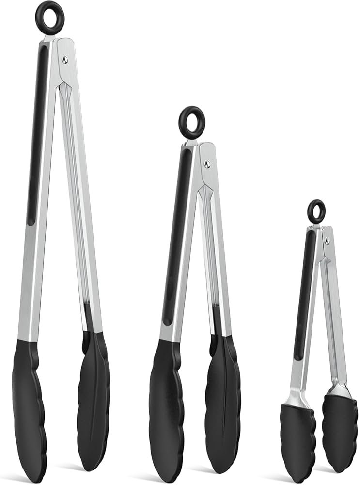 NileHome Tongs for Cooking, Professional Stainless Steel Cooking Tongs – Heat-Resistant for Grilling, BBQ, Serving Salad, Pasta, and Kitchen Use, Dishwasher Safe, Set of 7" 9" 12", Black