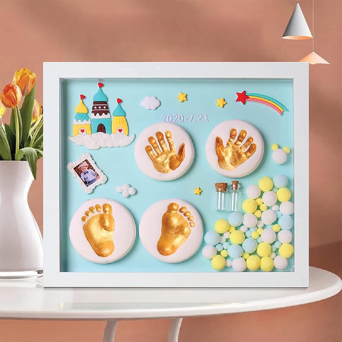 PATPAT® Deluxe Baby Hand & Footprint Clay Kit with 11x12.9 Frame, Non-Toxic White Clay, Colorful Decorations & Mini Memento Bottles - Ideal First Birthday & Baby Shower Gift for Girls & Boys