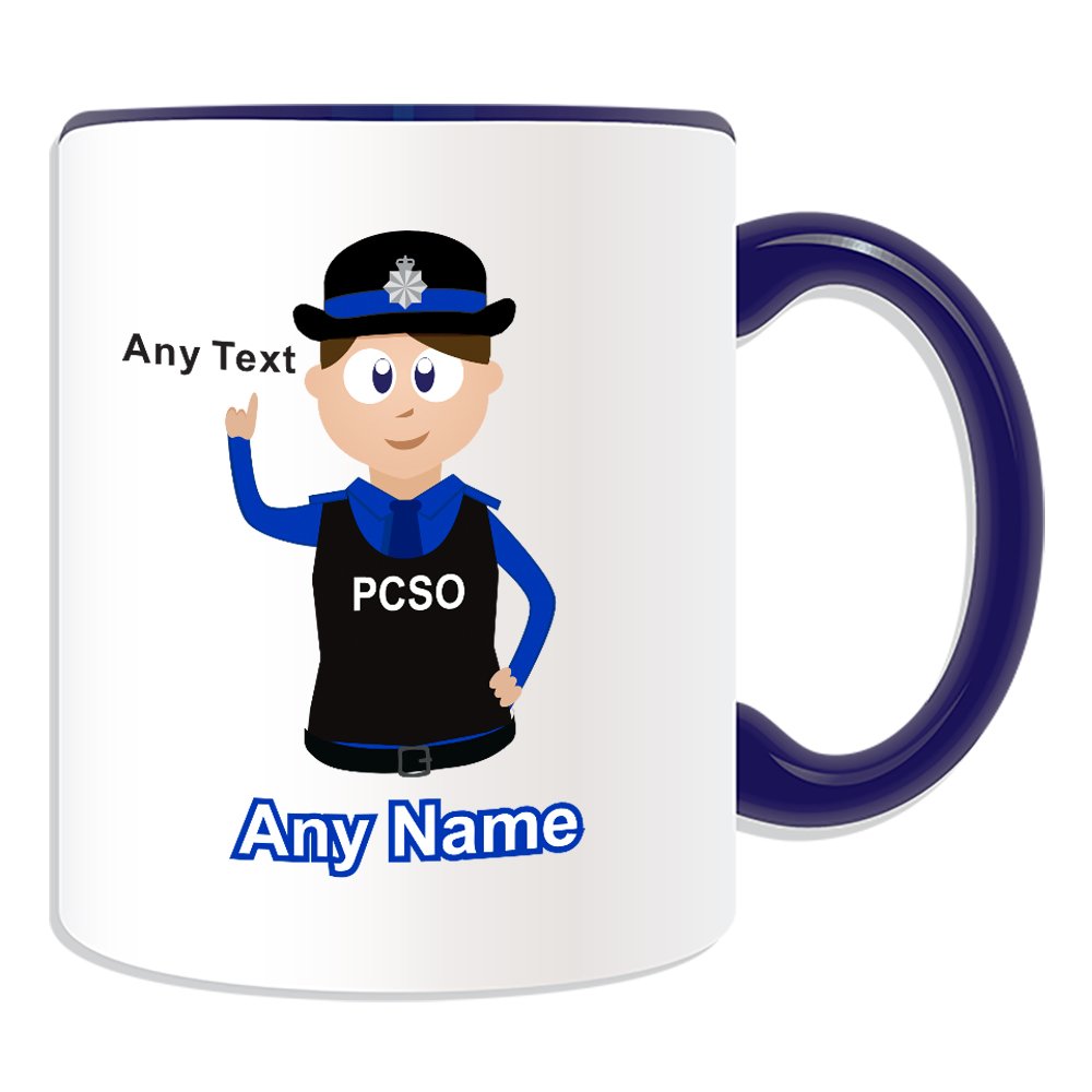 Unigift Blue Personalised Gift - Police Community Support Officer Mug (Police Design Theme, Colour Options) - Any Name/Message On Your Unique - Pcso - Brown/Brunette Hair Policewoman Hat Cap