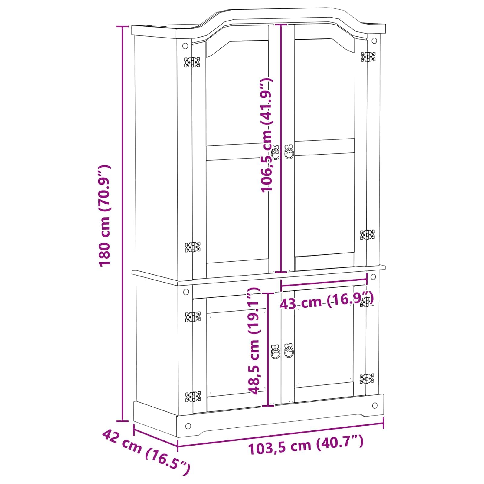 Vitrina blanca con puertas de cristal de pino macizo, 103,5 x 42 x 180 cm, armario de exhibición rústico con acabado mate para un almacenamiento y presentación elegantes.