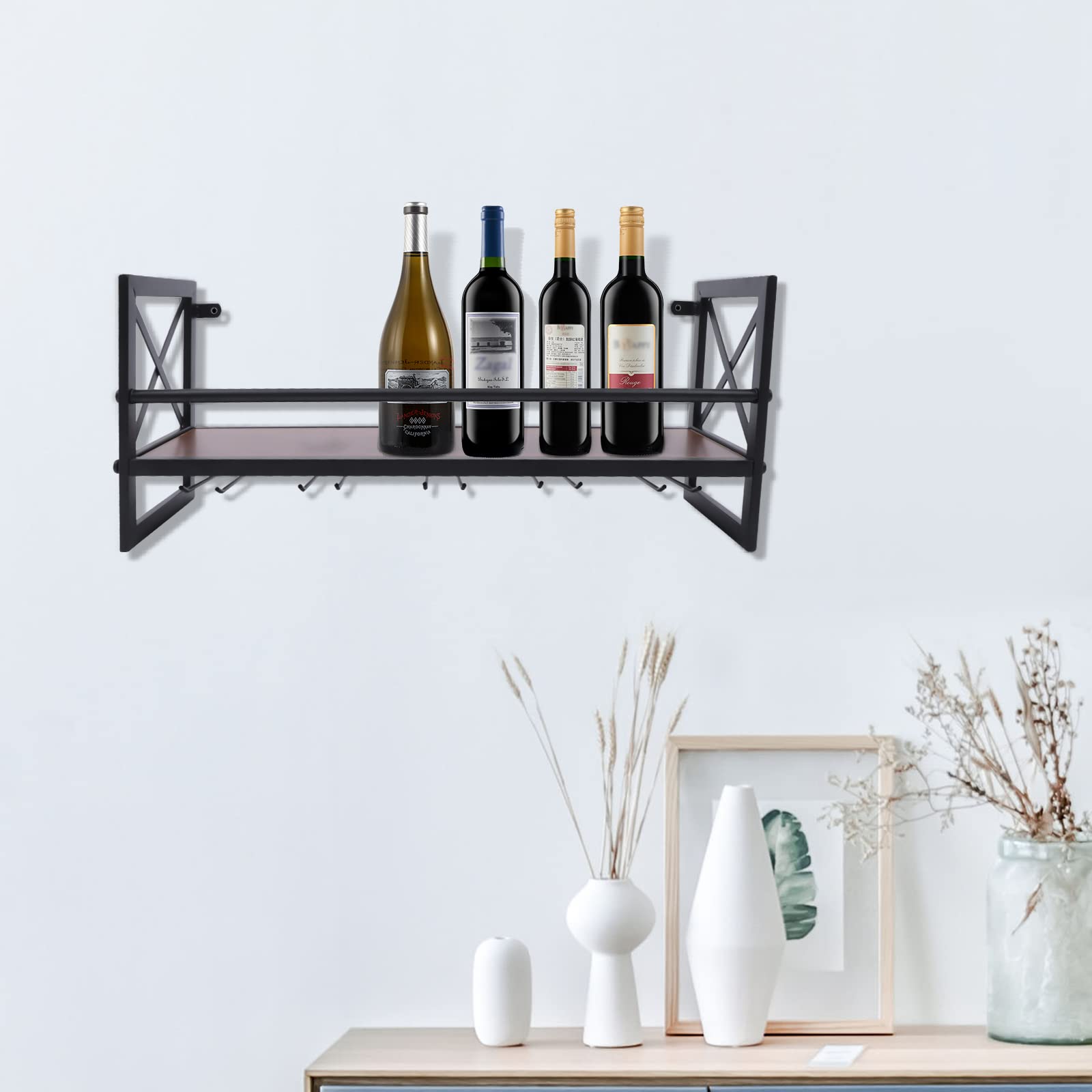 Wein Glas Regal,Alkohol Regal, Bar Regal Outdoor Industrielle Industriell wandmontierte Weinregal Weinglas Schiene Stemware Gläserhalter, Hängender Weinglashalter,Schwarz,61 * 20 * 26cm