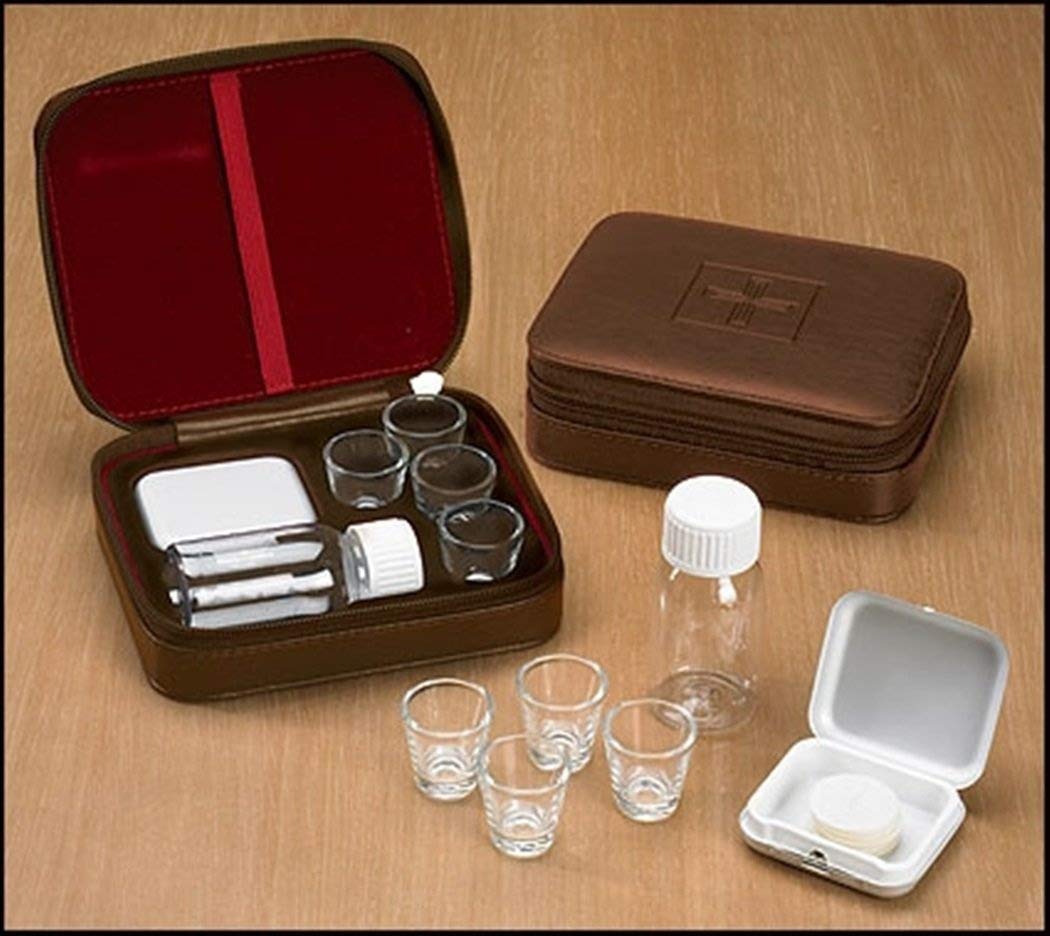 Cross Detail Faux Leather Lined Box 4 Cup Portable Minister Travel Communion Set
