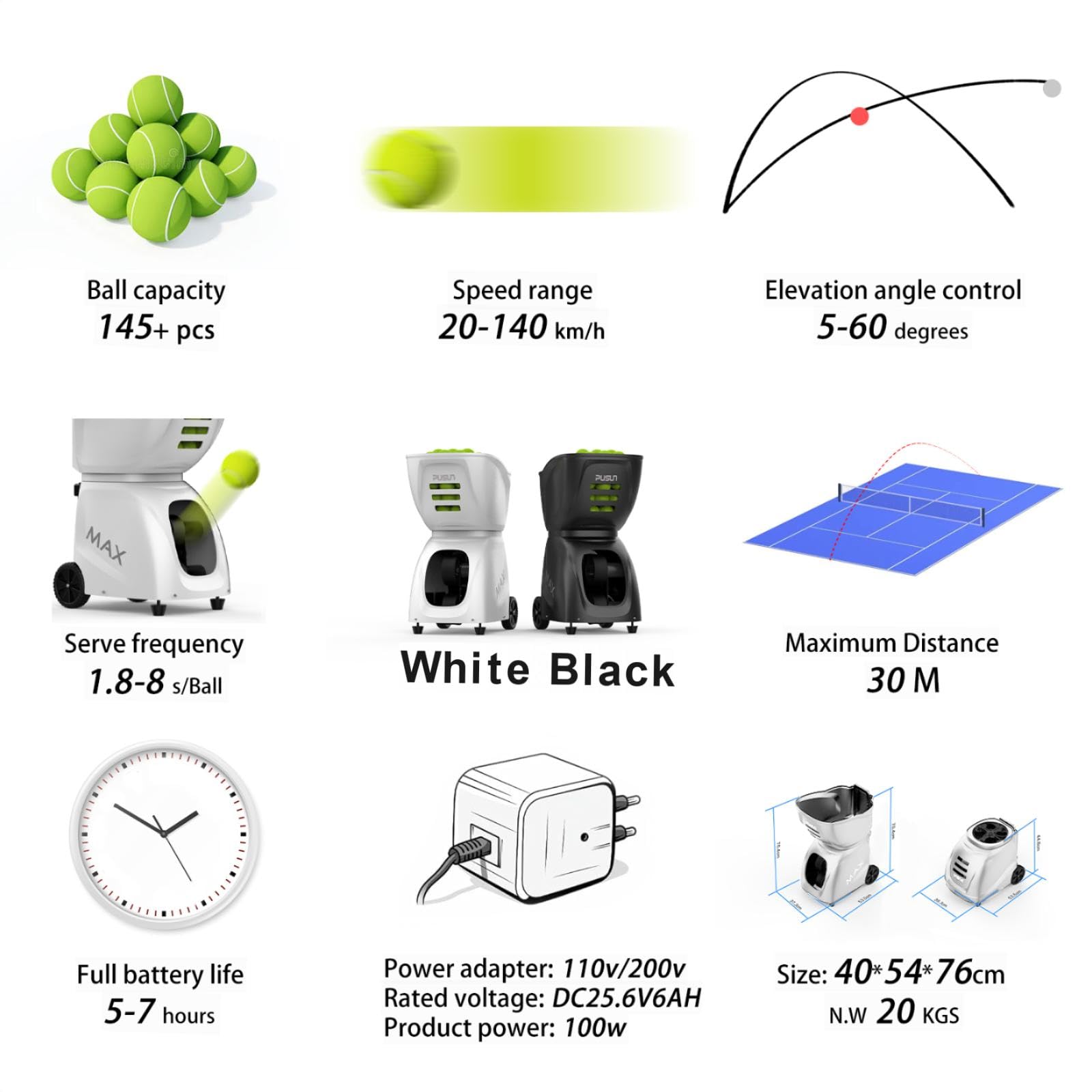 PUSUN PT-MAX C - Macchina per palline da tennis professionale con controllo APP, 28 punti di atterraggio e 26 modalità di allenamento, allenatore intelligente con sistema di velocità variabile (durata