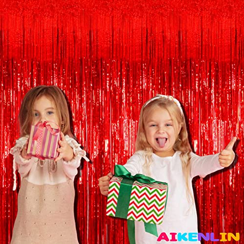 Image of 4 Pack 3.2Ft x 8.2Ft Red Foil Fringe Curtain Backdrop, Metallic Tinsel Foil Fringe Streamers Curtains Background for Photo Booth, Birthday, Wedding, Disco, Bachelorette, Christmas Party Decoration