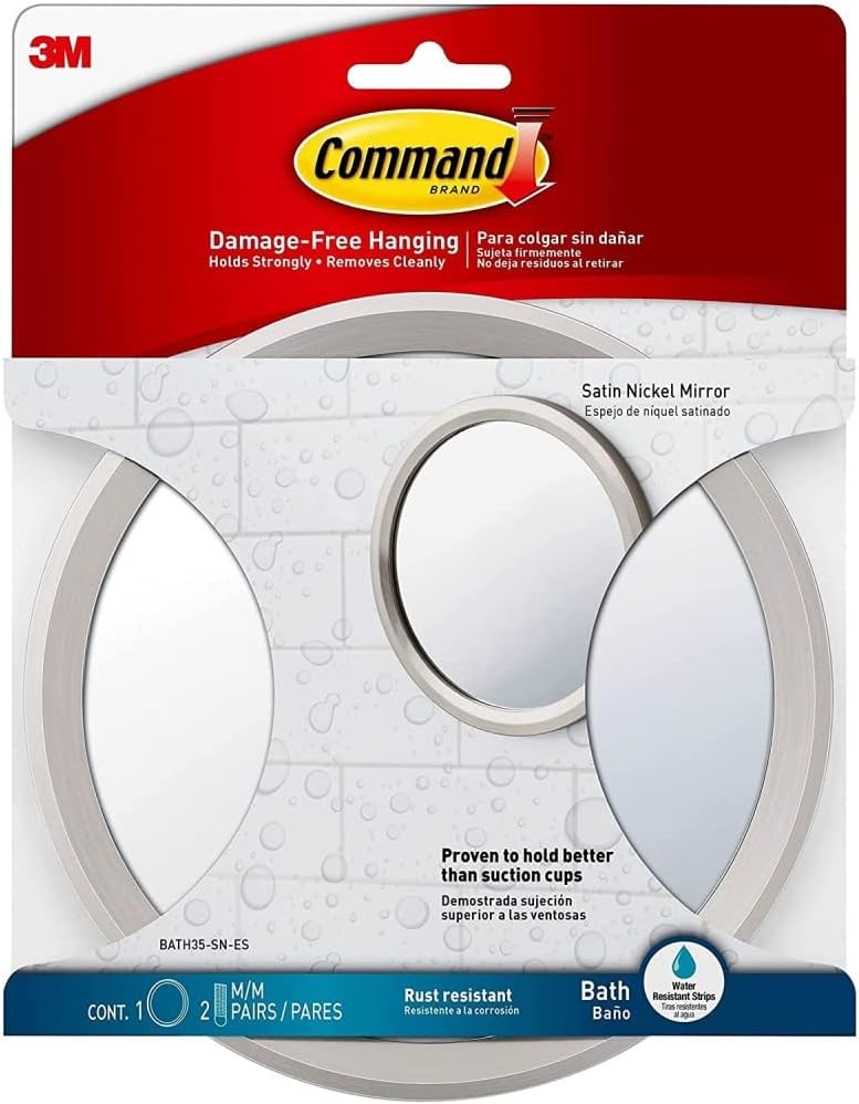 Bath Mirror, 2-Pack of 1 Mirror and 2 Water-Resistant Strips, Damage Free Bathroom Organization
