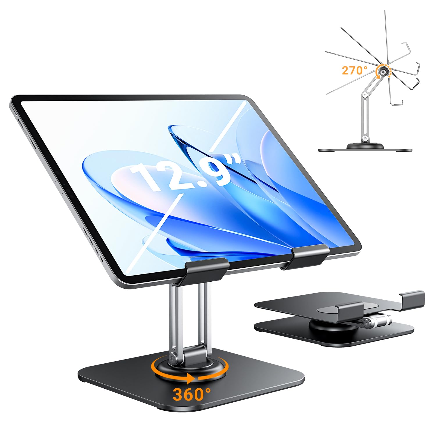 DATAFY Tablet Stand Adjustable Tablet Stand for Desk, Foldable iPad Pro Holder Portable Monitor Stand Travel Accessories, Home Office Desk Accessories for iPad Tab Kindle iPhone Table Mount 12.9