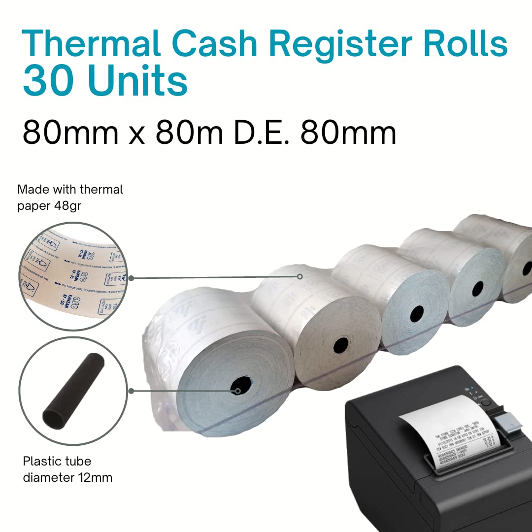 Zugelassene Rollen 80 mm x 80 m für Kassenregistrierer - Thermopapier - Durchmesser 80 mm - Made in Italy (30 Rollen)