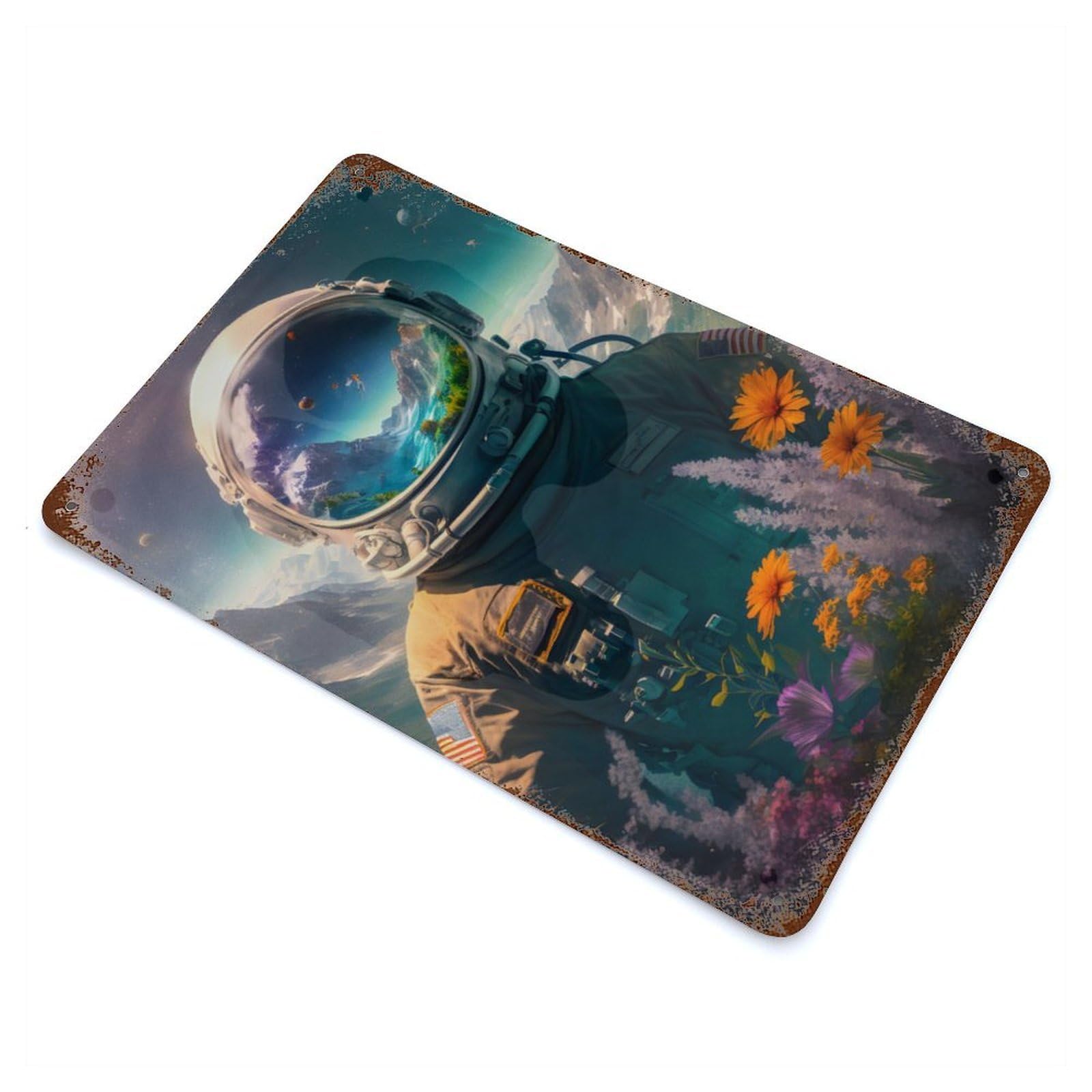 Astronaut Flowers Rusty Metal Tin Sign 11.8"x7.9", Ideal for Farmhouse, Kitchen And Entryway Decor
