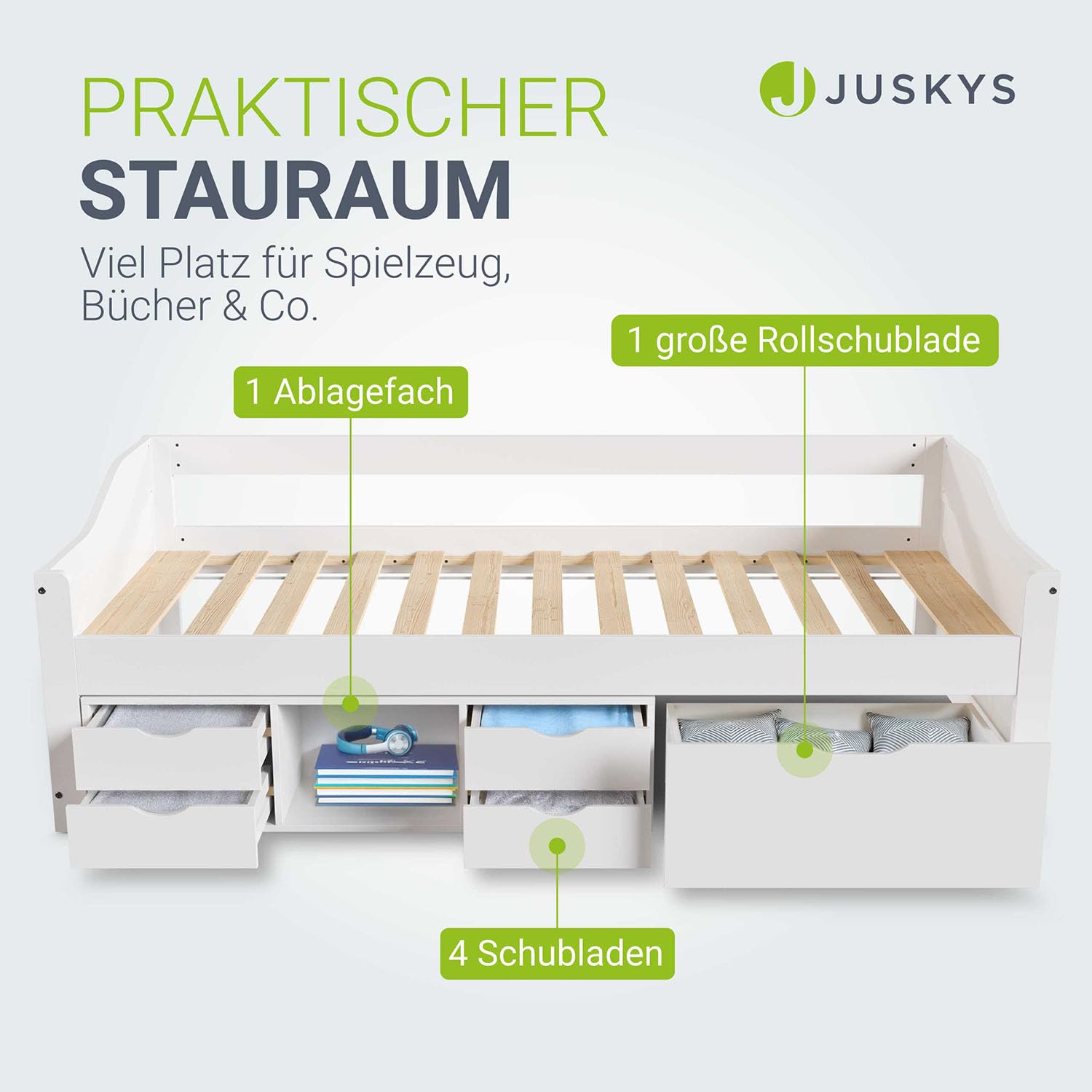 Juskys Funktionsbett Nalu 90x200 cm - Holz Bett mit Lattenrost & Schubladen - Stauraumbett für Kinder - Jugendbett, Kinderbett, Gästebett - Weiß