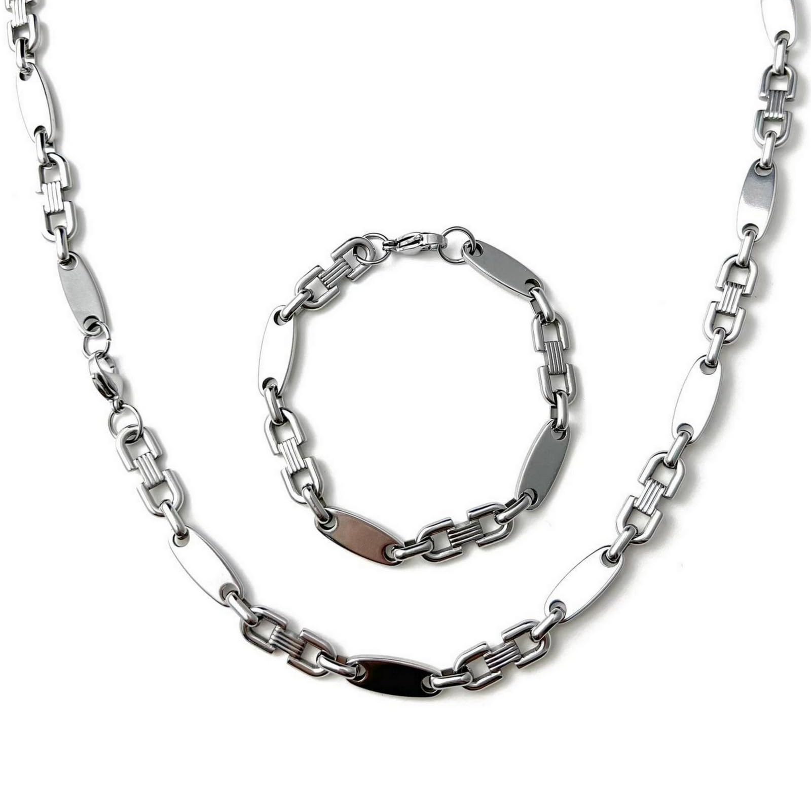 Plattenkette Set Edelstahl 60cm 4mm bis 10,5mm Cuban Halskette + Armband Platten Kette (6,5mm x 60cm, Plattenkette Silber)