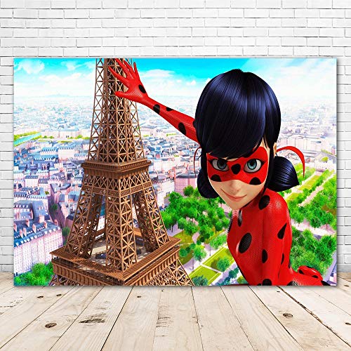 Miraculous Ladybug Birthday Background 7x5ft Vinyl Photo Backdrop Baby Shower Paris Eiffel Tower Photography Backgrounds Cake Table Party Decoration Personalized Name