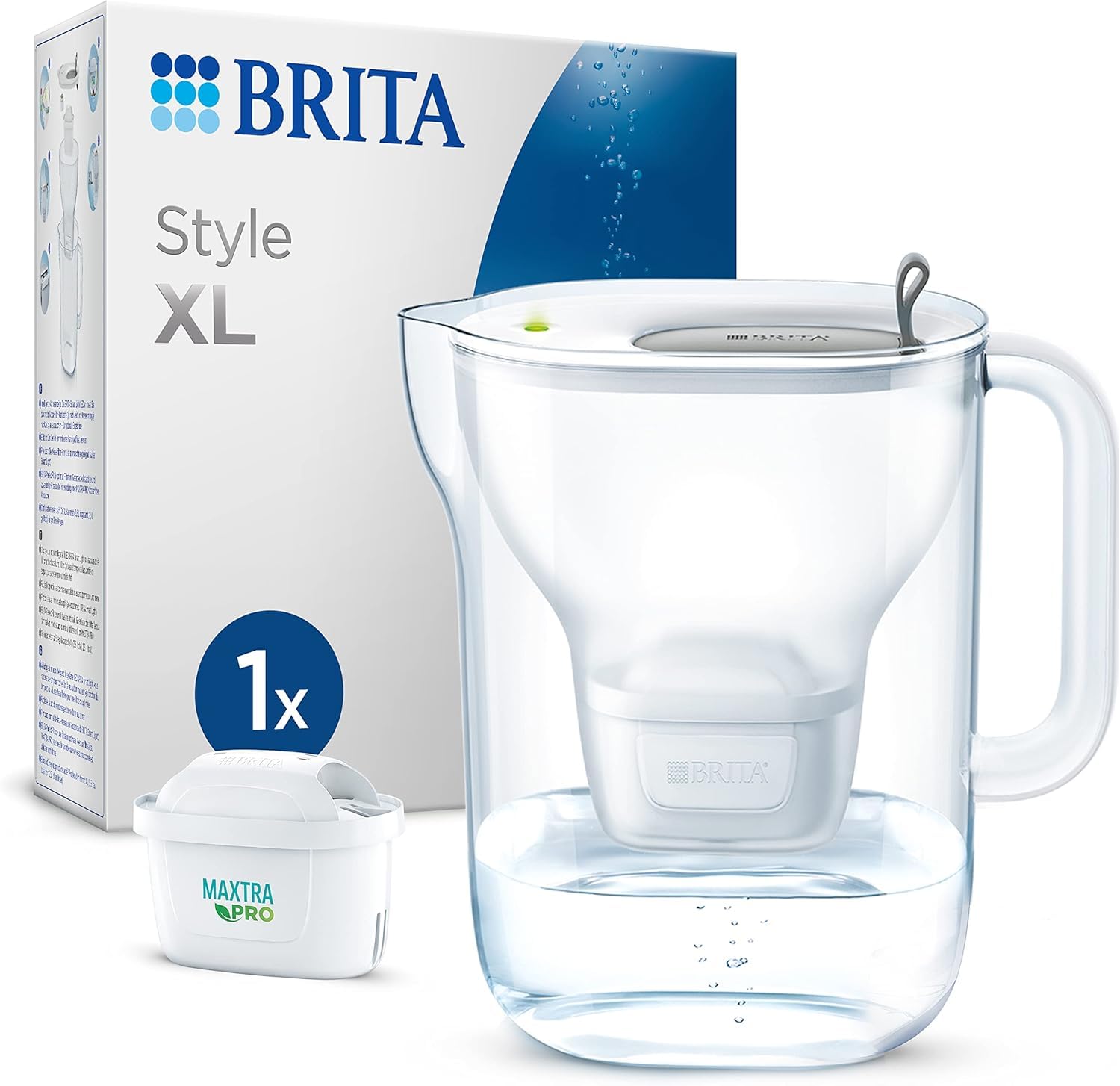 Brita Style Xl Water Filter Jug (3.6 Litre) With 1X Maxtra Pro All-In-1 Cartridge - Large Volume Design Jug With Smart Led-Lti And Flip-Lid Grey